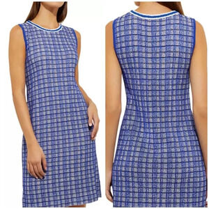 Misook Plaid Knit A-Line Dress Blue & White Sleeveless Size L